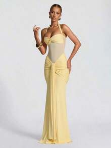 Spring Party Dress In Pink: Thin Straps, Open Back, Fitted Waist And High Slit With Mesh Details – Ideal For Holidays - 黃色 - 查看 3