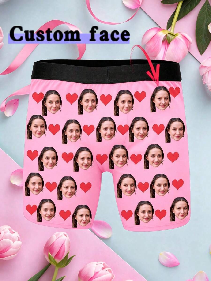 1pc Men's Customized Face Photo Print Black Shorts, Polyester Soft Comfortable Novel Style Boxer Briefs, Men's Christmas Gift - Pink - View 1