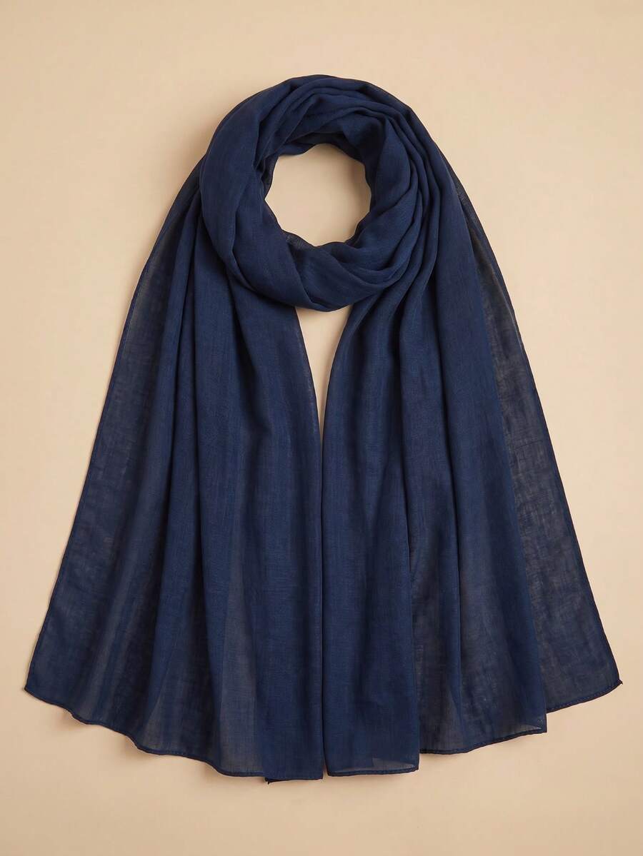 1pc Fashionable Solid Color Rectangular Textured Chiffon Scarf/Headscarf, Holiday - Navy Blue - View 1