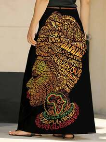 Women Elegant Printed Midi Skirt With Africa Map And Inspirational Words Design For Casual And Streetwear Style With Side Pockets And Back Elastic Waistband Without Belt 250g - Multicolor - View 2