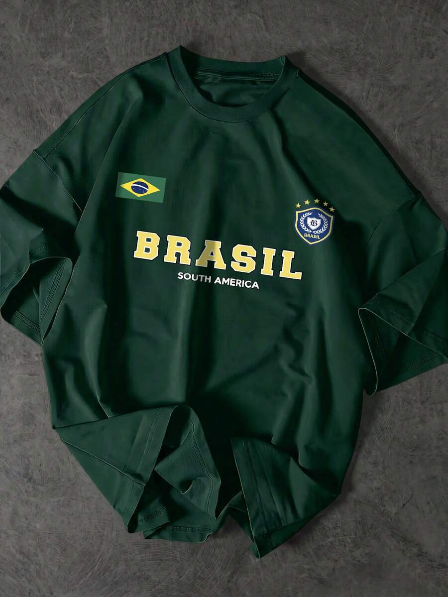 Áo thun nam in hình, áo bóng đá Brazil kiểu retro, trang phục thường ngày dành cho người hâm mộ bóng đá, áo bóng đá, chất liệu vải dệt kim thoáng khí 100% polyester, kiểu dáng vừa vặn, cổ tròn. - Màu xanh lá cây đậm - Xem 1