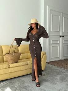 Women's Hollow Out Single-Breasted Flare Sleeve Front Slit Beach Cover Up Dress - Coffee Brown - View 2