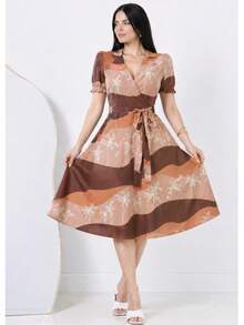 Women's Printed Dress, Flared, Casual, Elegant, Romantic Fabric - Rust Brown - View 5