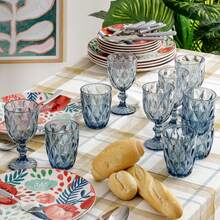 Baroni Home 6er-Set Diamant-Gläser aus farbigem Glas, dekoriert mit erhabenem Rautenmuster 28 cl, elegante spülmaschinengeeignete Gläser, 8x8x10 cm grün, blau, transparent, rauchfarben. - Blau - Übersicht 2
