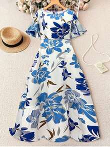 Vestido maxi con manga corta y cuello redondo, con estampado floral francés y volantes, outfit de vacaciones y playa para mujer - Naranja - Ver 11