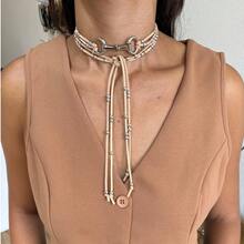Long Silver-Plated Bridle Necklace With Small Beads, Country Western Cowgirl Boho Style, Women's Leather. - 米色 - 查看 2