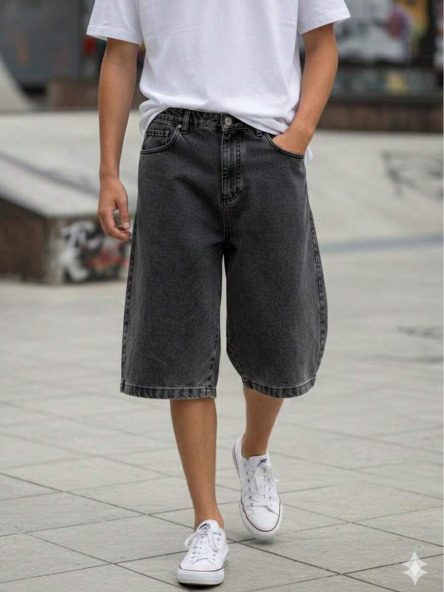 CHEN Men's Capri Jeans With Button Pocket And Zipper Details, Slightly Stretchy. - 灰色 - 查看 1