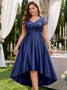 Plus Size V-Neck Sequin Embroidery Satin Patchwork High-Low A-Line Formal Dress, Suitable For Gala, Wedding Guest, Summer, Birthday, Graduation, Back To School, Vacation Elegant - Navy Blue - View 8