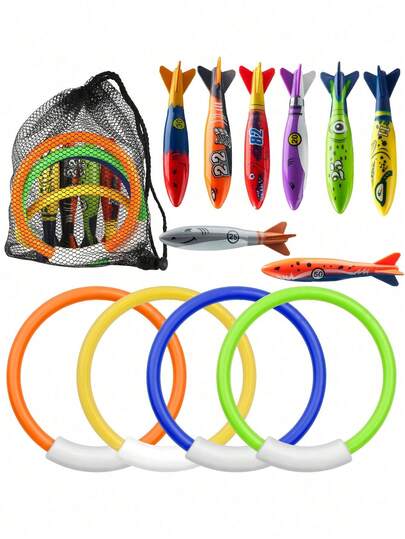 8pcs/Set Summer Casual Diving Equipment Set, Includes Durable Waterproof Material, Storage Bag, Shark Diving Training Ring And Torpedo Diving Gear, Suitable For Underwater Training, Pool Party, Swimming And Outdoor Water Activities, Great For Graduation Season And Summer Vacation