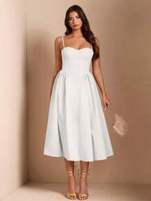 Elegante vestido largo sin mangas con manga abultada para mujer, adecuado para citas diarias, salidas, discotecas, fiestas, temporada de otoño - Blanco - Ver 3