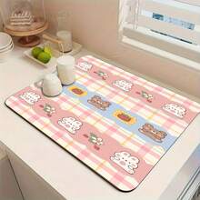 Luckybutterfly 1 pieza Alfombrilla multiusos absorbente con diseño de conejo y oso de fresa, Almohadilla protectora de mesa de poliéster para cocina, mesa de comedor, secado de platos, lavadora, lavabo del baño, accesorios de cocina, suministros para fiestas - Conejo y oso de fresa - Ver 3