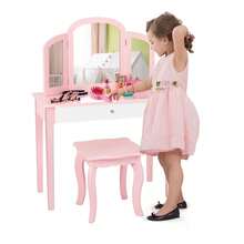 COSTWAY Kids Vanity Table & Stool Set, Princess Makeup Dressing Table W ...