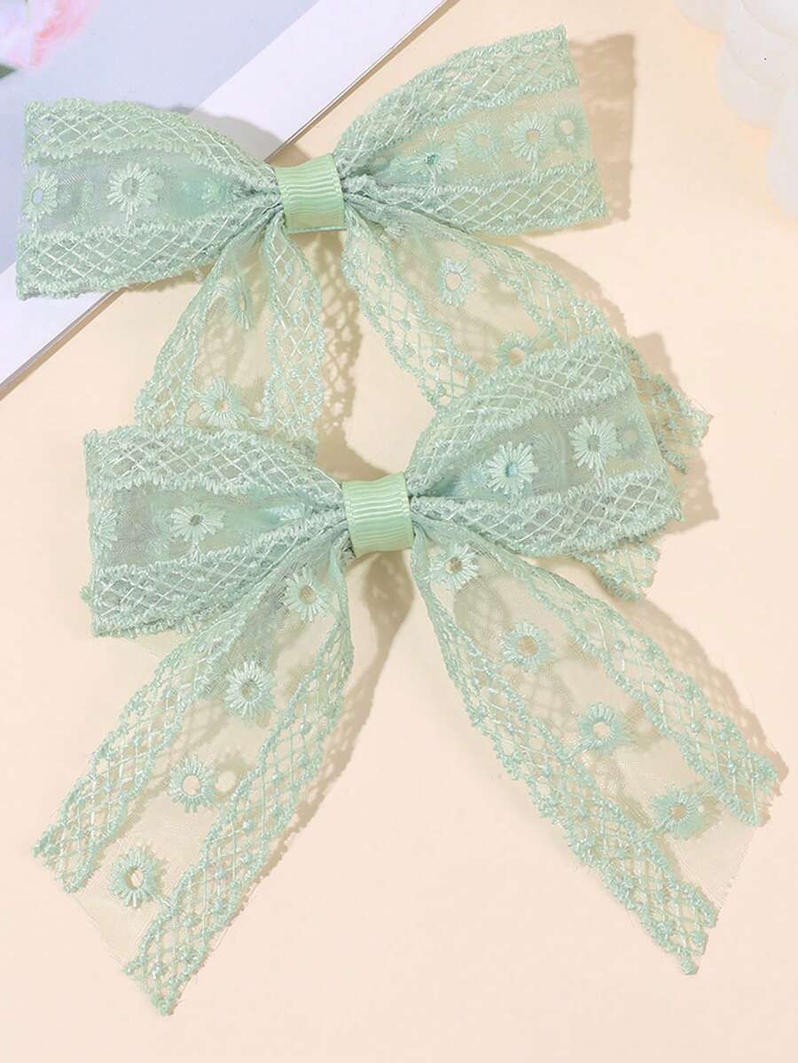 2 piezas de pinzas de lazo para el cabello con encaje bordado floral verde y cintas, accesorios para el cabello estilo bosque primavera/verano para niñas dulces y adolescentes - verde menta - Ver 1