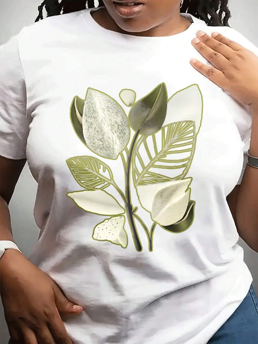 Camiseta casual de cuello redondo del festival de primavera de las mujeres | Top corto Sved con impresión especial de plantas, adecuado para el uso diario y esporas, regalo para amigos y familia