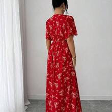 Women's V-Neck Puff Sleeve Cinched Waist A-Line Floral Print Casual Vacation Dress, Suitable For Travel, Beach, Summer, Multiple Colors - Rojo - Ver 3