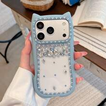 Rhinestone Cat Ear Frame Phone Case Suitable For IPhone 17 Pro Max, 17 New, 16 Pro Max, Luxury, Anti-Fall, Elegant, Sweet Girl Style Phone Protective Cover - Blue - View 2
