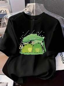 Women's Printed Short-Sleeved T-Shirt Featuring Two Frogs Joined Beneath A Lotus Leaf, Decorated With Hearts. Casual Crew Neck T-Shirt For Women, Suitable For All Seasons - Unisex Loose-Fitting Cotton Short-Sleeved Crew Neck T-Shirt, Long-Sleeved T-Shirt, Perfect For Spring, Casual Tops, Basic T-Shirt, Unisex, For Couples, Men, And Women - 紅色 - 查看 6
