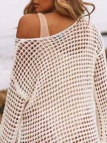 Áo len nữ kiểu basic dáng pullover, dệt kim pointelle xuyên thấu, tay dài, hở lưng, phong cách sexy, thoải mái, mặc thường ngày, đi chơi, du lịch biển mùa hè - trắng - Xem 2