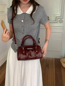 2026 New Vintage Lacquered Leather Boston Bag, Versatile Sweet Style Handbag, High-Quality Commuter Shoulder Bag - Burgundy - View 3