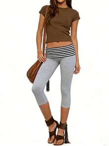 Striped Pants For Women Mid Rise Wide Leg Elastic Waist Casual Trousers For Spring - Light Grey - View 4