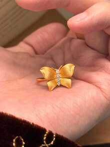 1 pieza Anillo abierto de mariposa con circonita cúbica retro, elegante y lujoso, adecuado para el uso diario de las mujeres - Dorado - Ver 2