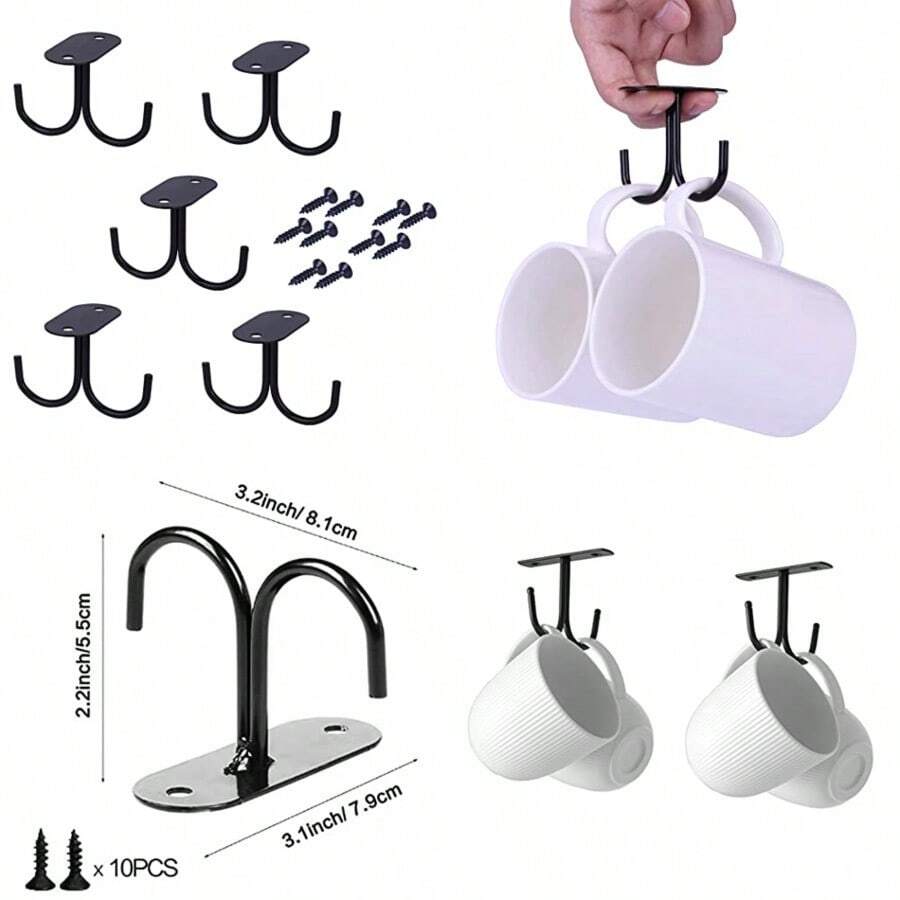 Hoshen - Soporte para vasos 5 unidades 2 ganchos en un individual gancho para debajo del gabinete estante de vino soporte para vasos tazas y vajilla hierro forjado color negro - Gancho corto de hierro forjado negro - Ver 1