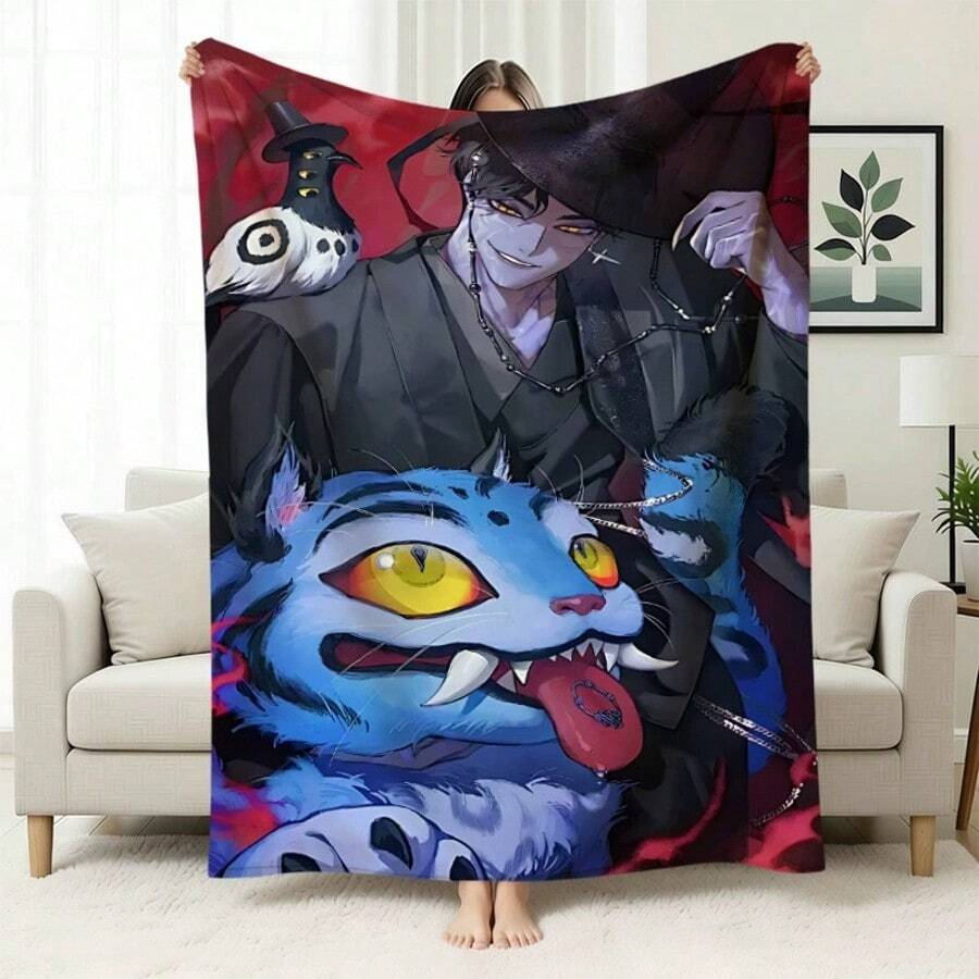 Cozy K-Pop Anime Character Throw Blanket, Breathable Material, High-Res Graphic, Ideal For Bed, Sofa, Camping, All-Season Comfort & Decor - màu đen - Xem 1