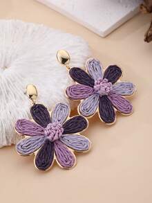 1 Pair Handmade Bohemian Style Raffia Woven Floral Earrings, Retro Contrast Color Metal Earrings, Suitable For Beach, Party, Afternoon Tea, Daily Commute - Purple - View 10