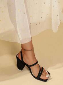 New Square Toe Retro Strap Thick Heels Gladiator Sandals For Women, Open Toe Ankle Strap Sandals, Chunky Heel Summer Beach Party Dress Shoes - màu đen - Xem 3