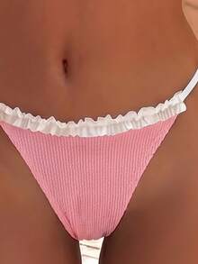 Bộ đồ bơi hai mảnh màu hồng và trắng độc quyền của Sweet Girl, viền bèo nhún tương phản, chất liệu co giãn cao, ôm sát, hoàn hảo cho bãi biển, khu nghỉ dưỡng và kỳ nghỉ spa. - Hồng - Xem 5