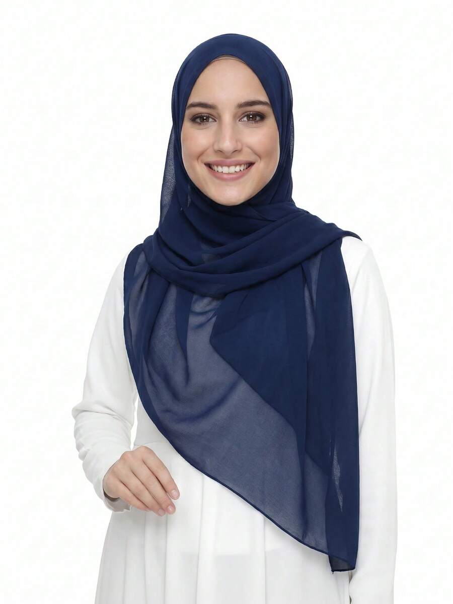1pc Women's Solid Color Chiffon Square Scarf, Casual Scarf Suitable For Daily Use, 110*110cm,Travel Essential,Beach Towel - Navy Blue - View 1