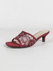 Stylish Slip-On Sandals For Women, 2" Small Kitten Heel Square Toe, Comfortable Spring/Summer New Arrival - Burgundy - View 7