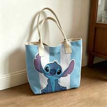 Miniso Túi tote vải canvas kẻ sọc xanh trắng Disney Stitch, túi đeo vai dùng hàng ngày. - trắng - Xem 7