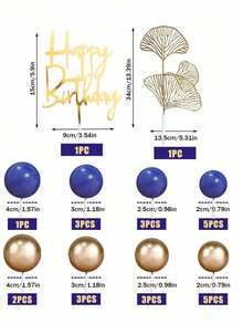27件波希米亞風藍金蛋糕裝飾，金藍泡沫球蛋糕插牌，生日快樂蛋糕插牌，適用於婚禮、生日、洗禮、男性生日蛋糕裝飾（請搭配白色插棒與托盤使用） - 彩色 - 查看 7