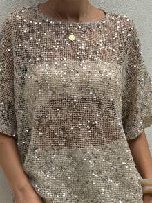 Women's Summer Sequin Mesh Sheer Top Loose Elbow Sleeve See-Through Glitter Blouse, Casual Party Cover Up T-Shirt - Beige - View 3