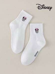 Disney 1/5/10 Bộ tất giữ ấm chân thêu hình hoạt hình Mickey, Minnie, Daisy, màu trắng và đen, dài đến giữa bắp chân, unisex, dành cho cặp đôi, nữ, rộng rãi, cao, vô hình - Đen và trắng - Xem 4