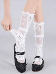 2pcs/Set Summer Korean Style Polka Dot Ankle Socks + White Lace Bow Leg Warmers, Thin Layered Ballet Ruffle Leg Warmers, Suitable For Y2K Daily/Date/School Outfits - Multicolor - View 10