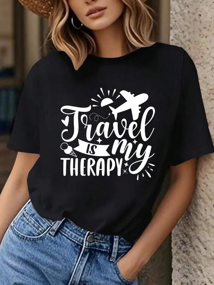 Women's Relaxed Fit T-Shirt With "Travel Is My Relax" World Map & Plane Graphic - Short Sleeve Round Neck Casual Top, White Travel-Themed Tee For Spring Summer Outfits - 黑色 - 查看 1