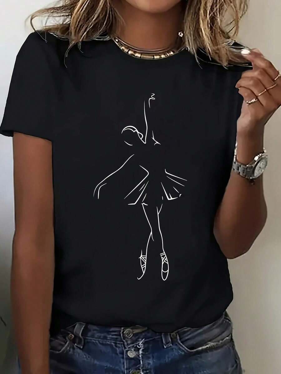 1pc Ballerina Line Art Daily Wear Dance Ladies T-shirt | Cuello redondo mangas cortas, Top casual y de moda, traje de fiesta elegante, ropa de Navidad, regalo de Navidad, ropa de otoño, material suave, camisa impresa, cuello de tripulación, tela no estirable