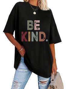Talla Grande - Talla Grande - Camiseta de Manga Corta con Cuello Redondo Estampado BELIND - Negro - Ver 2