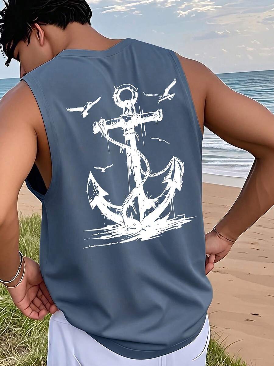1 chiếc áo tank top nam mùa hè in hình chim mòng biển và mỏ neo, kiểu dáng thường ngày, không tay. - Màu xanh bụi bặm - Xem 1