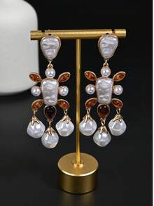 1 Pair Vintage Palace Style Cross Tassel Earrings, Baroque Faux Pearl Amber Crystal Earrings, Gold-Plated Elegant Women's Earrings, Party & Wedding Jewelry - Gold - View 1