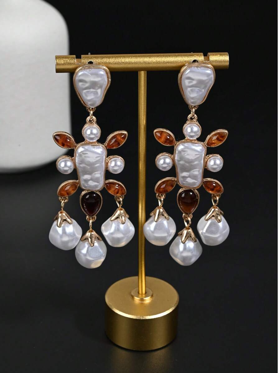 1 Pair Vintage Palace Style Cross Tassel Earrings, Baroque Faux Pearl Amber Crystal Earrings, Gold-Plated Elegant Women's Earrings, Party & Wedding Jewelry - Gold - View 1