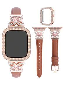 二合一兼容苹果手表表带和表壳（40mm、41mm、42mm、44mm、45mm、46mm、49mm），皮革表带饰有闪亮水钻蝴蝶，双排水钻装饰，防震PC表壳，兼容苹果手表Ultra/11/10/9/8/7/6/5/4/SE系列表带和表壳，优雅时尚的女士Bing智能手表表带保护壳。 - 棕色蝴蝶錶帶佐玫瑰金錶殼 - 查看 4
