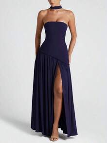 Vestido elegante y sexy de unicolor con abertura para fiesta, vacaciones y boda, color verde oscuro para primavera - Azul oscuro - Ver 2
