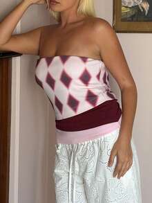 Women's Y2k Slim Tube Tops Sleeveless Off Shoulder Strapless Geometric Patterns Print Bandeau Summer Contrast Color Patchwork Crop Vest - Multicolor - View 3