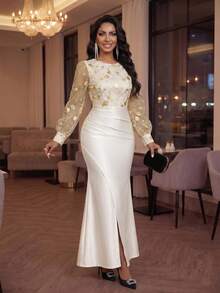 SHEIN Lady Đầm dài tay phồng cổ tròn thanh lịch kiểu vintage dành cho nữ - Nhiều màu - Xem 8