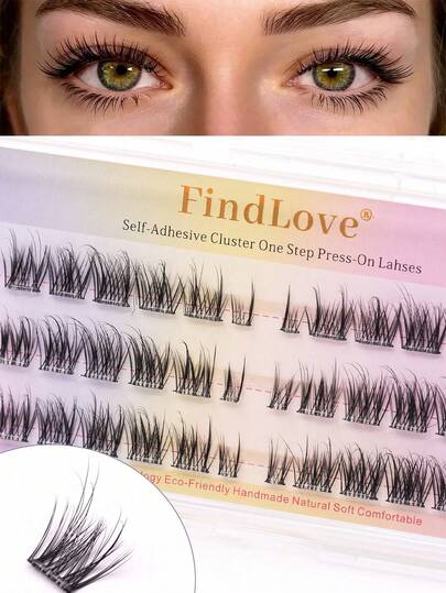 FindLove 18/36 racimos de pestañas postizas con adhesivo pre-aplicado, pestañas gruesas y naturales en racimos, sin necesidad de pegamento, extensiones de pestañas manga 3D con banda invisible, rizado D, 6-14mm, herramientas de maquillaje para pestañas individuales DIY