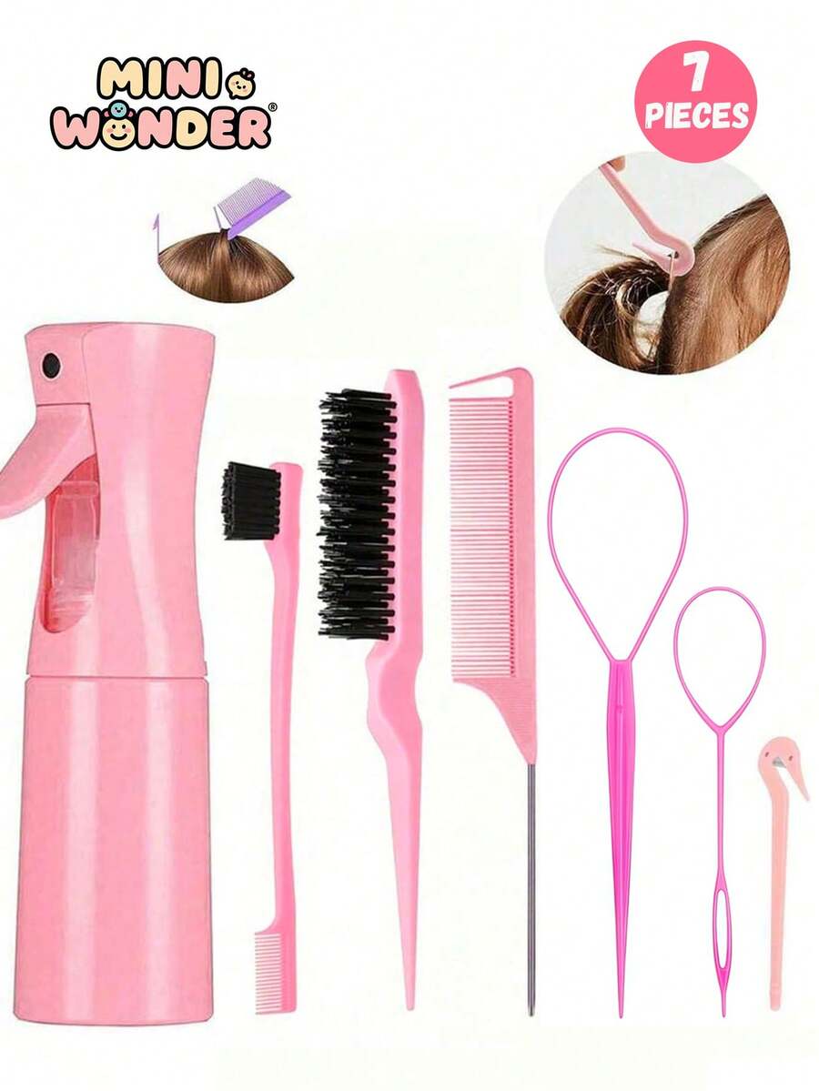 Set de 8 piezas de herramientas para el peinado en color rosa - Botella rociadora, peine de cola, peine de volumen, moldeador de moño y pasadores para el cabello, adecuado para trenzar y peinados DIY - Multicolor - Ver 1