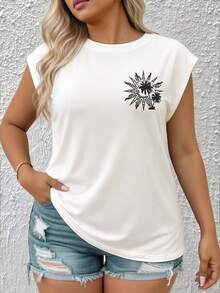 Plus Size Women Loose Casual Vacation Romantic Round Neck Daily "Chasing Sunset" Tropical Palm Tree Print Casual T-Shirt, Women Summer Tank Top, Women Summer Blouse, Women T-Shirt, Festival White - White - View 2